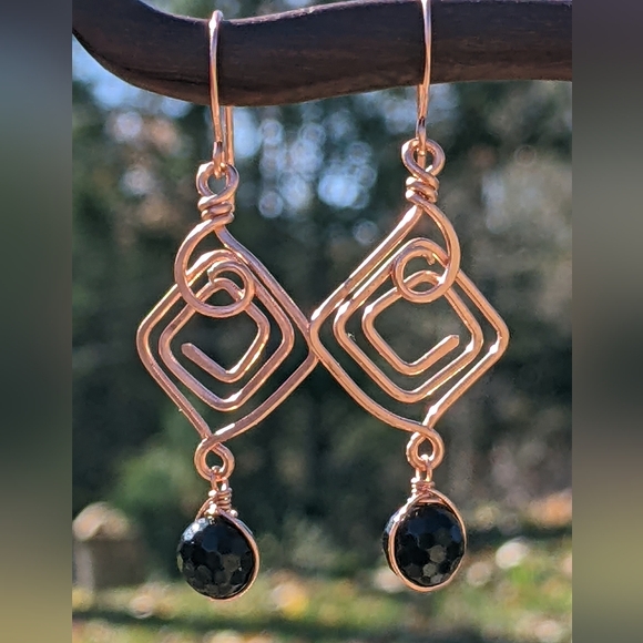 Hand Crafted Jewelry - Geometric Copper And Onyx Earrings Hand Crafted Spirals Bohemian Style